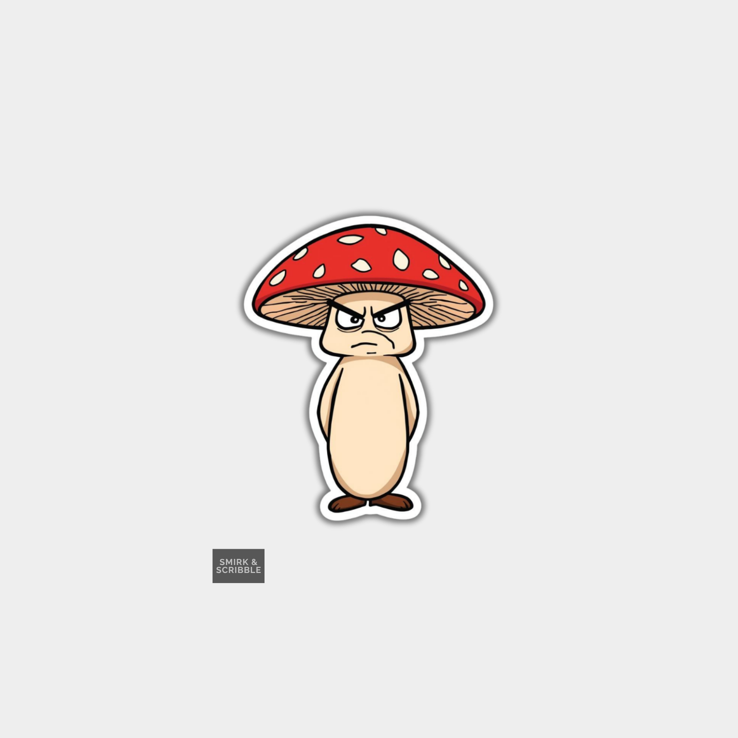 Cartoon mushroom with a red cap and brown stem on a light gray background