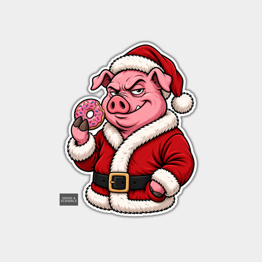 Funny Christmas Sticker - Cheeky Pig With Doughnut
