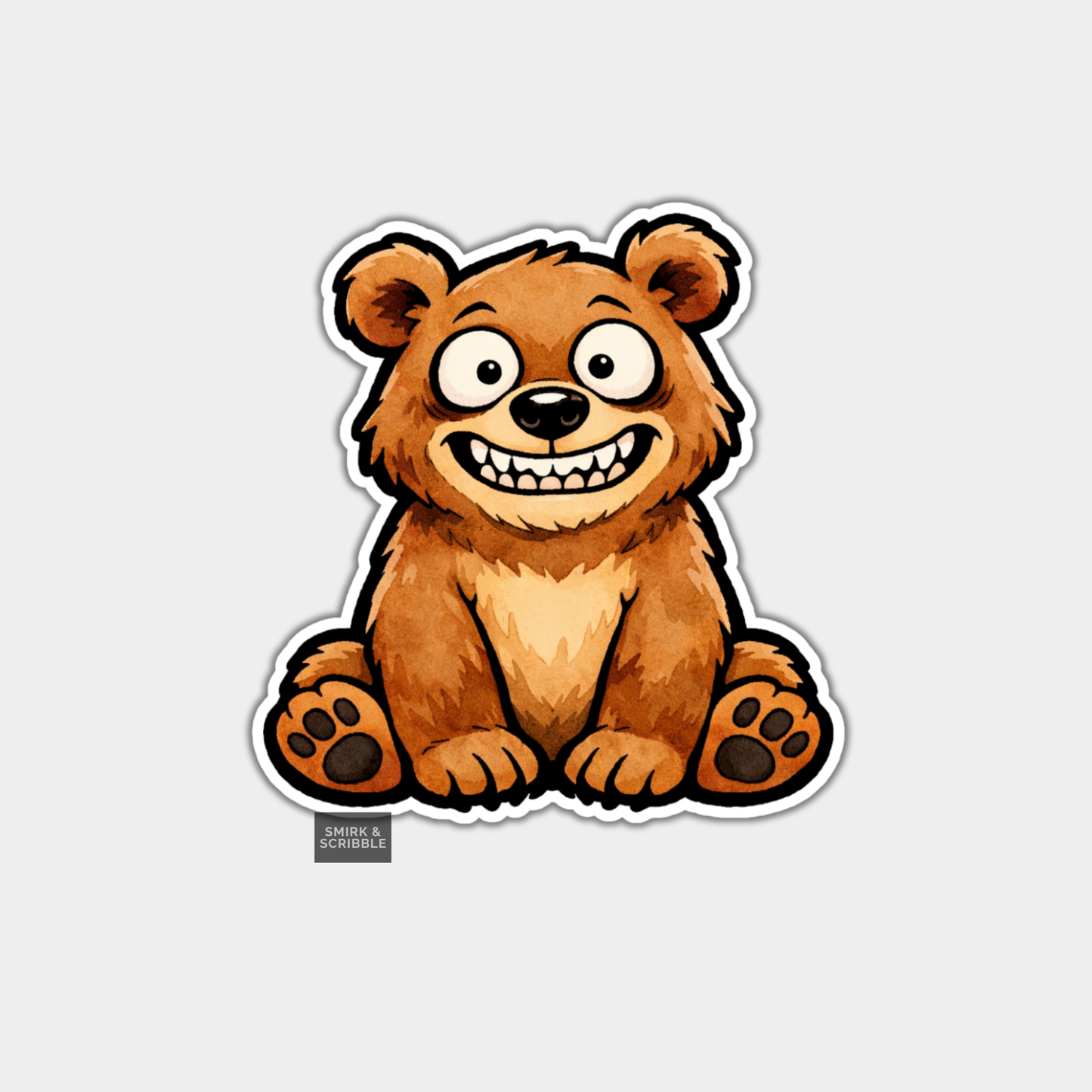 Cartoon bear sticker with a wide smile on a light gray background