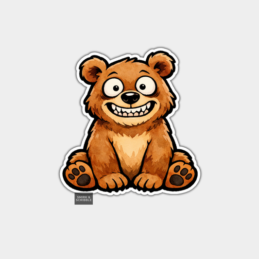 Cartoon bear sticker with a wide smile on a light gray background