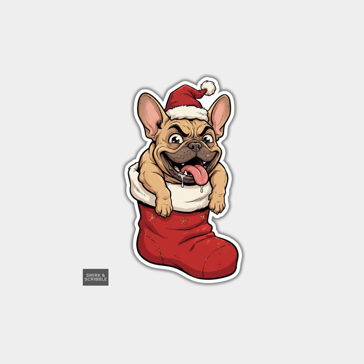 Funny Christmas Sticker - Cheeky French Bulldog In Stocking