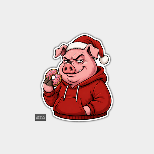 Funny Christmas Sticker - Pig In Hoodie With Doughnut