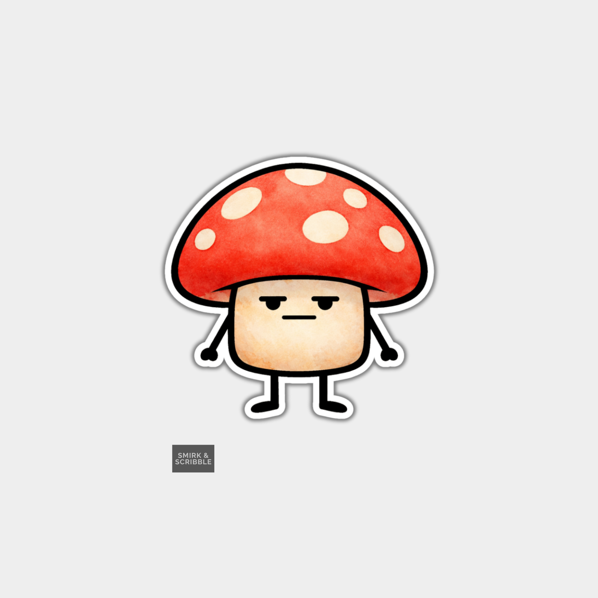 Cartoon mushroom character with a red cap on a light gray background