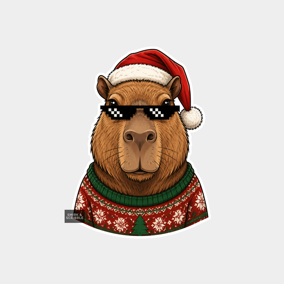 Funny Christmas Sticker - Capybara In Pixel Glasses