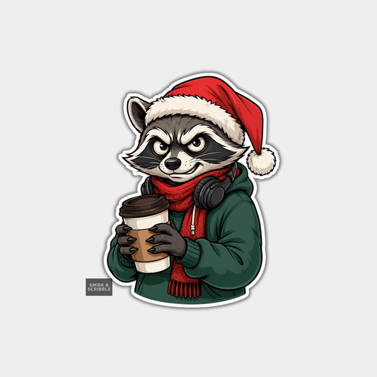 Funny Christmas Sticker - Raccoon In Hoodie