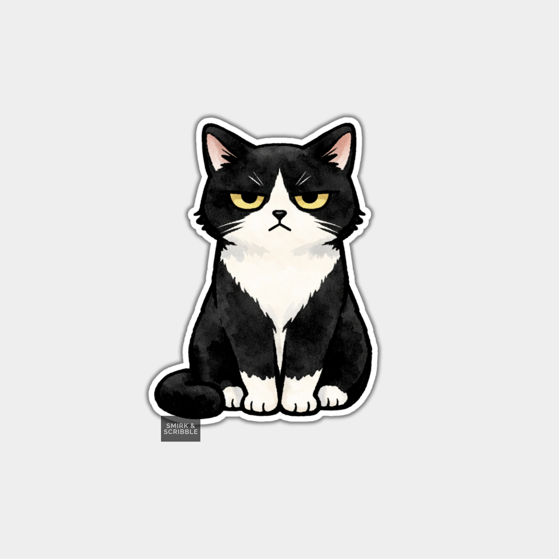 Sticker of a black and white cat on a light gray background