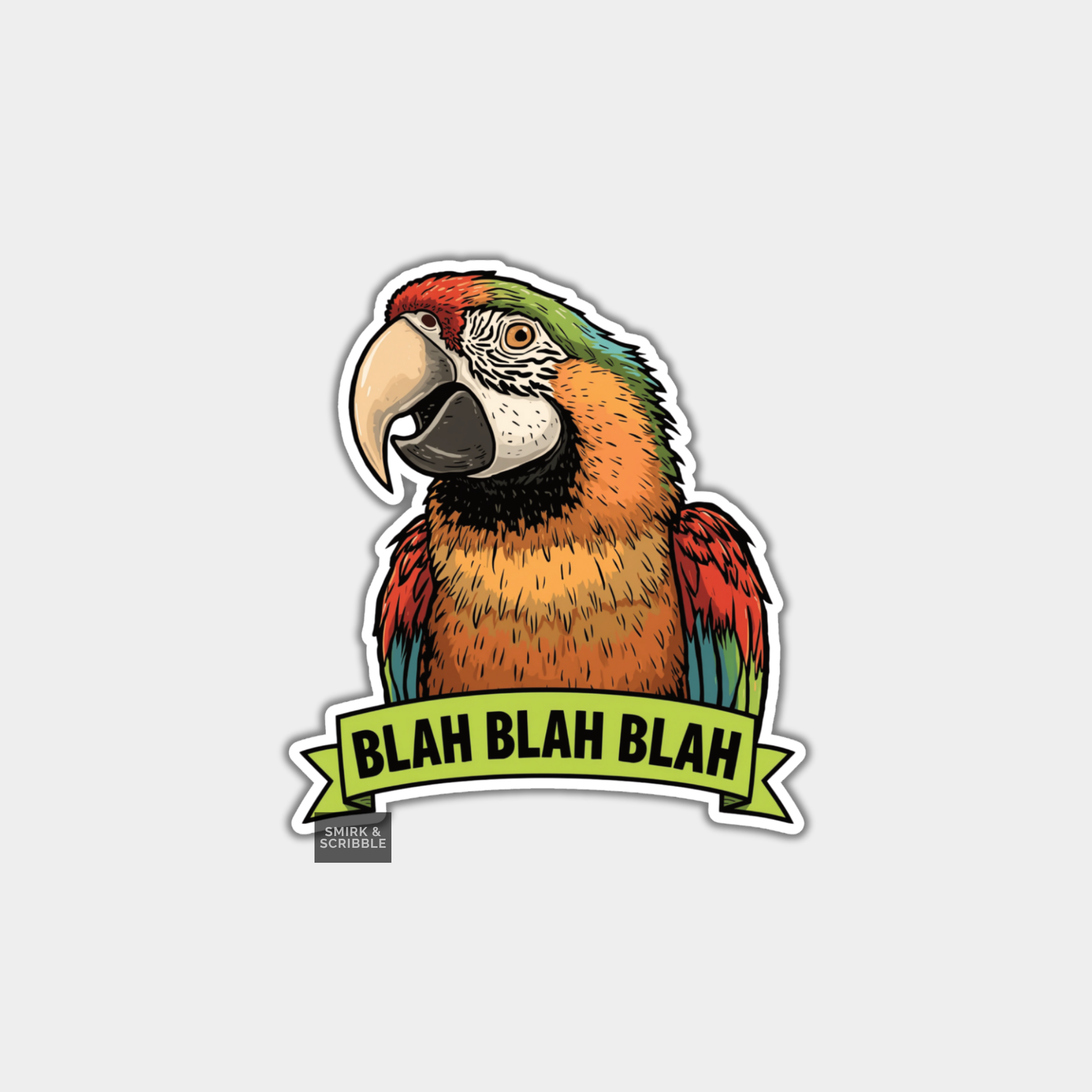 Colorful parrot sticker with 'Blah Blah Blah' text on a light gray background