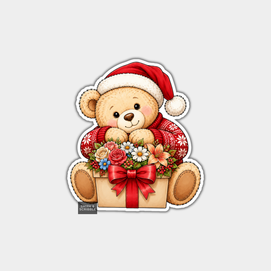 Funny Christmas Sticker - Cute Teddy Bear & Flowers