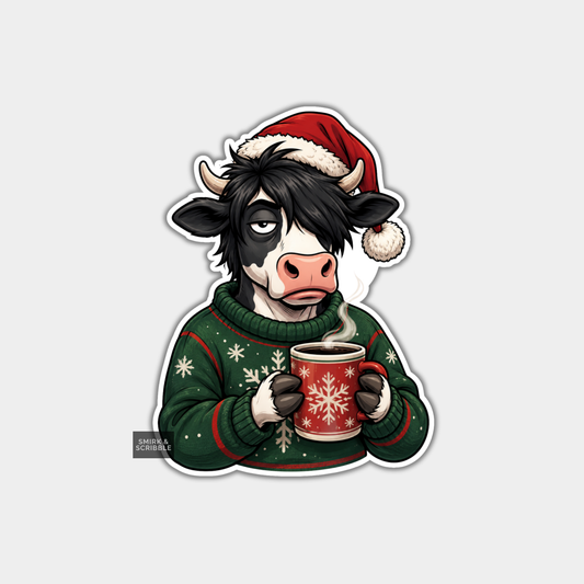 Funny Christmas Sticker - Grumpy Cow In Jumper