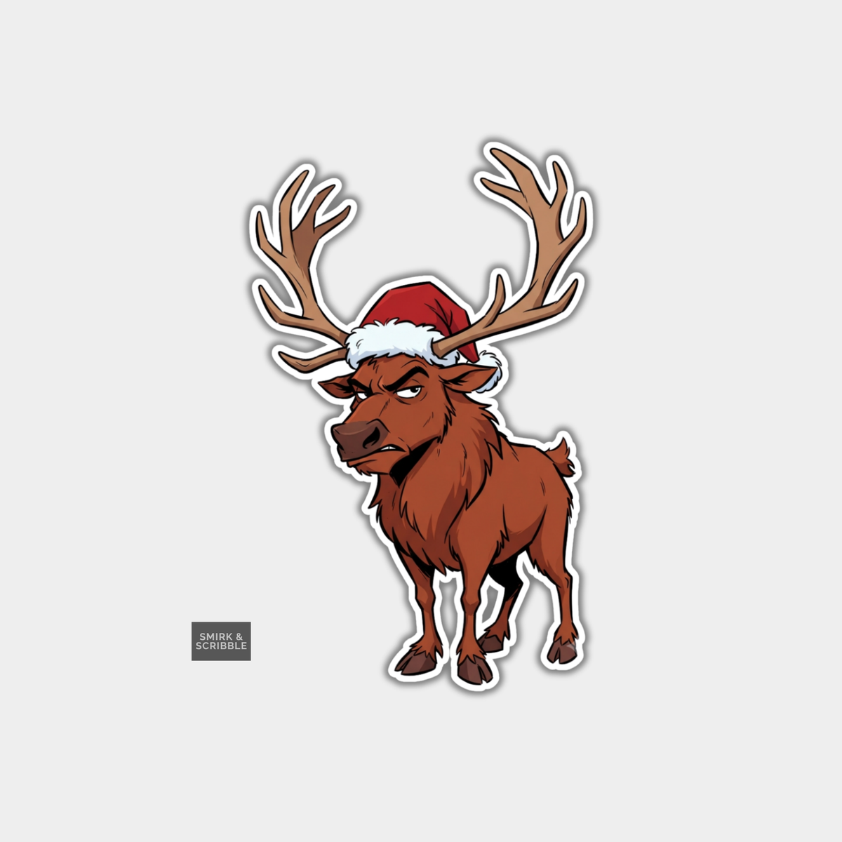 Funny Christmas Sticker - Angry Grumpy Reindeer In Santa Hat