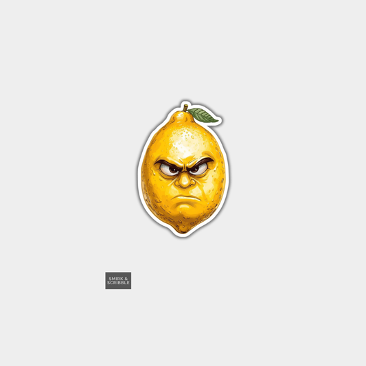 Sticker of a lemon with an angry face on a white background