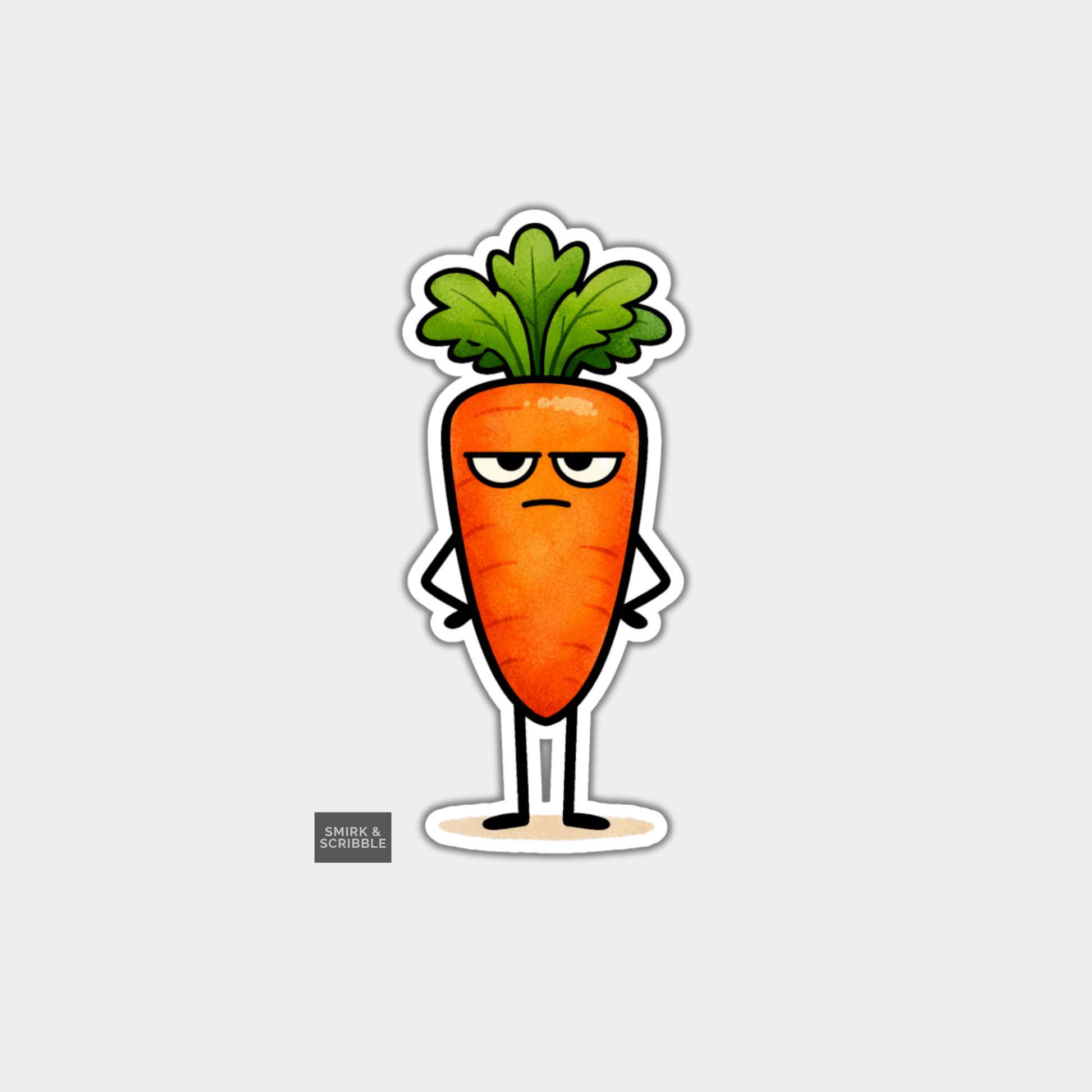 Cartoon carrot character with a sad expression on a light gray background