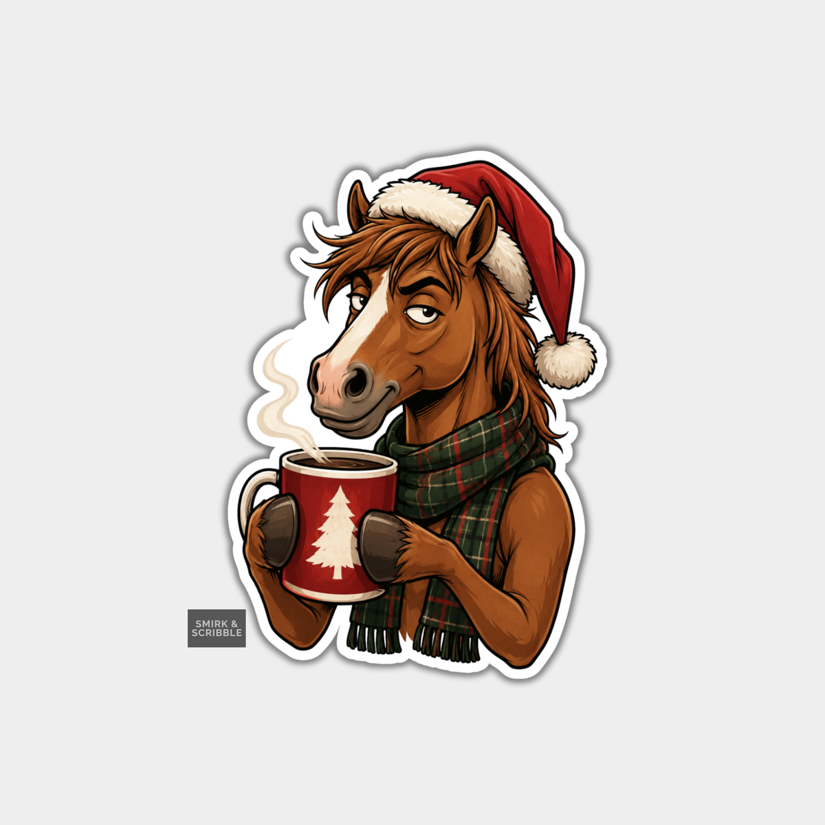 Funny Christmas Sticker - Judgy Horse In Santa Hat & Scarf