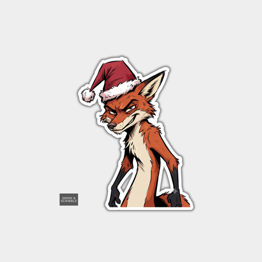 Funny Christmas Sticker - Scary Cunning Fox In Santa Hat