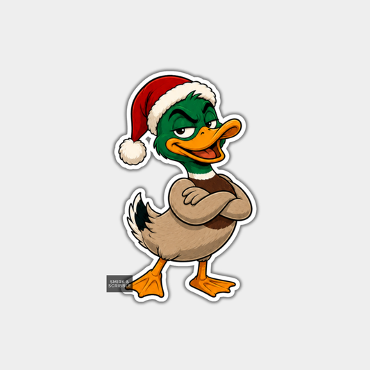 Funny Christmas Sticker - Cute Happy Duck In Santa Hat