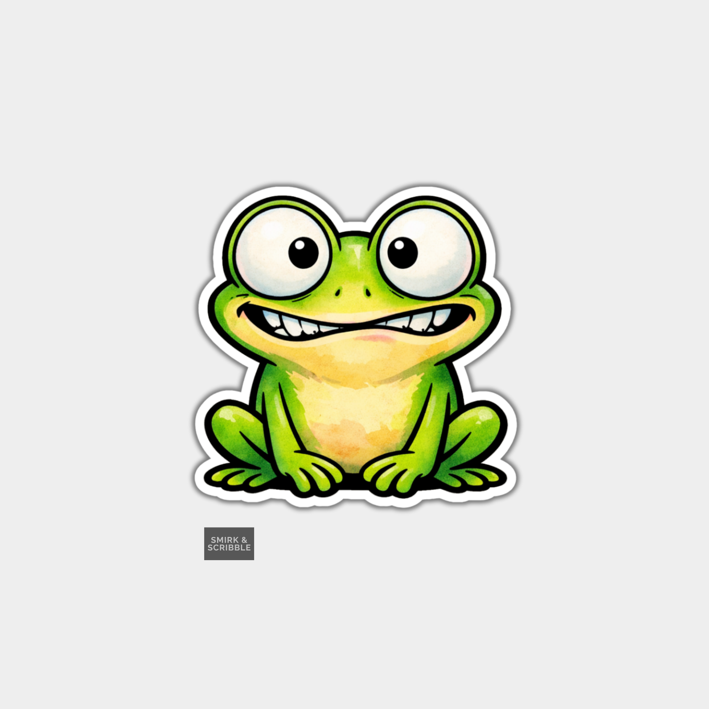 Cartoon frog sticker with a happy expression on a light gray background