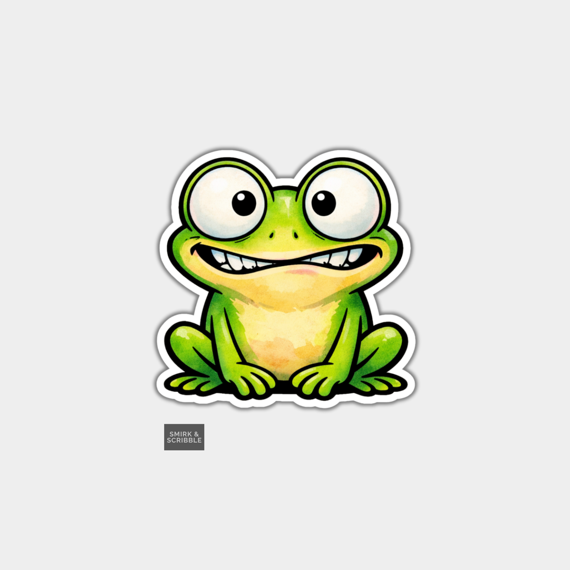 Cartoon frog sticker with a happy expression on a light gray background