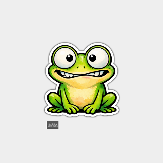 Cartoon frog sticker with a happy expression on a light gray background