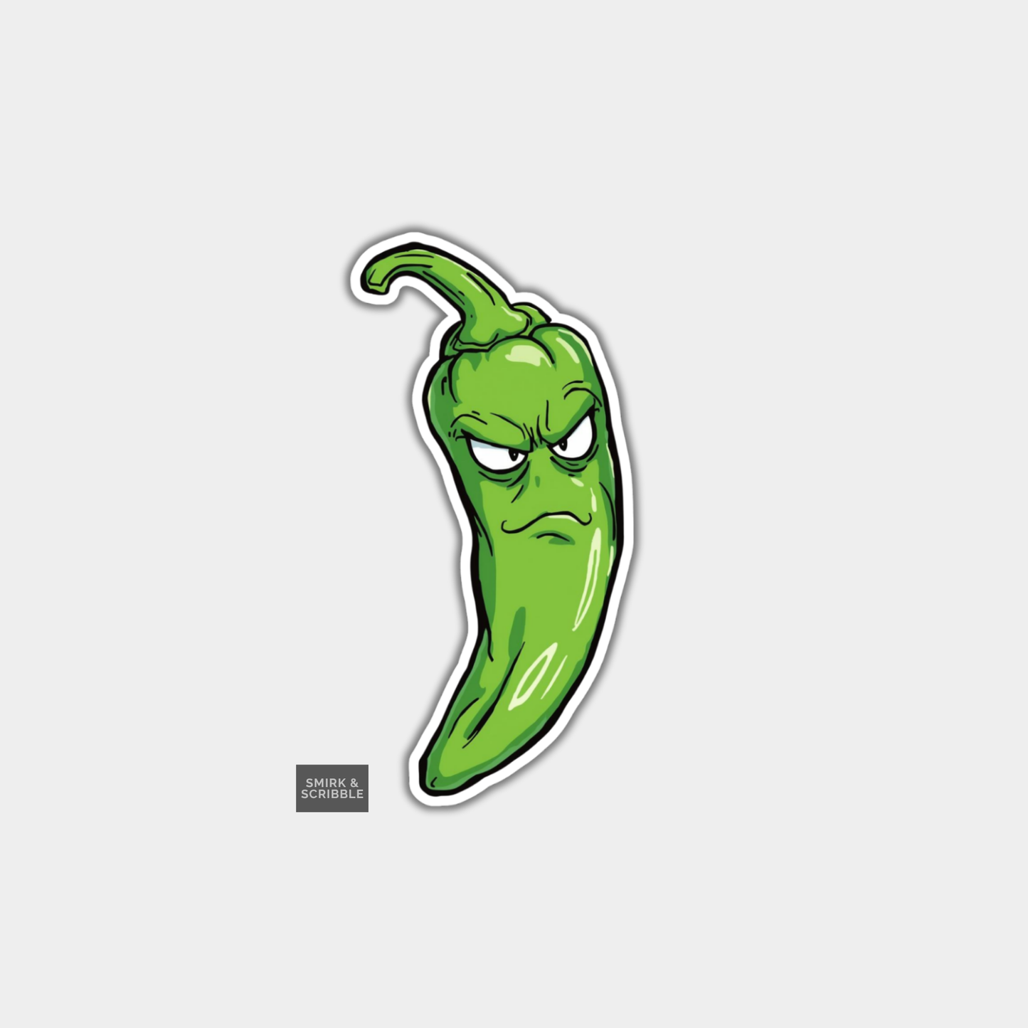 Cartoon green chili pepper with a sad expression on a light gray background