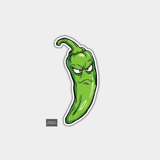 Cartoon green chili pepper with a sad expression on a light gray background