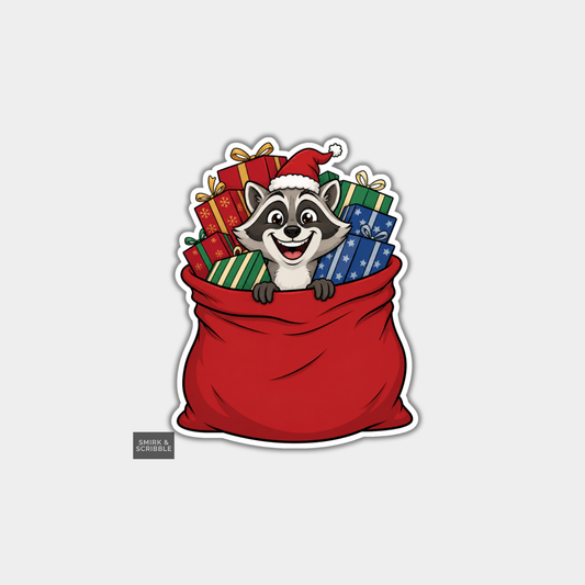 Funny Christmas Sticker - Happy Raccoon In Santa Hat