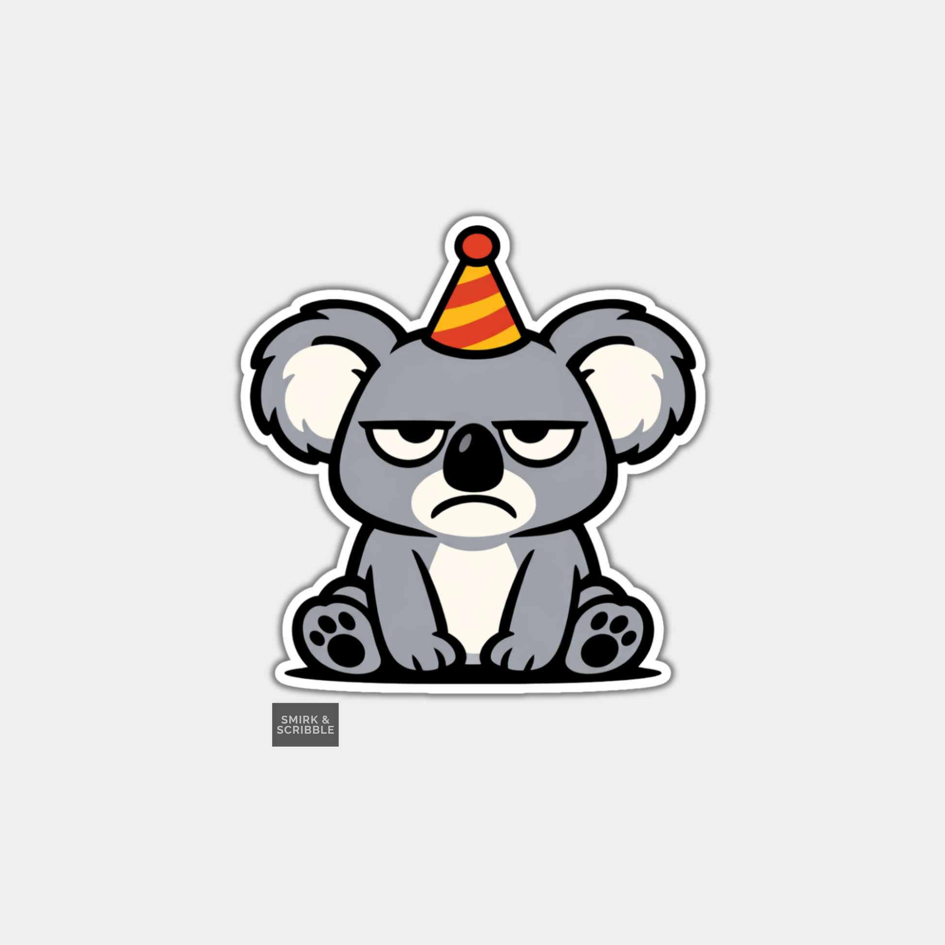 Cartoon koala wearing a party hat on a light gray background