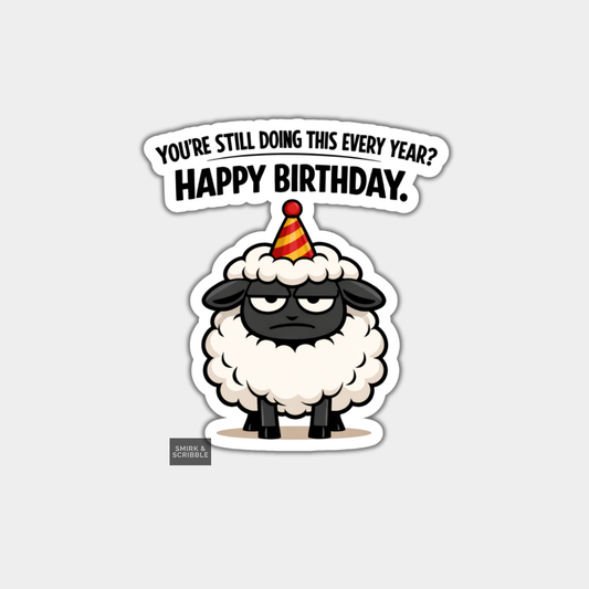 Cartoon sheep with a birthday hat and text on a white background
