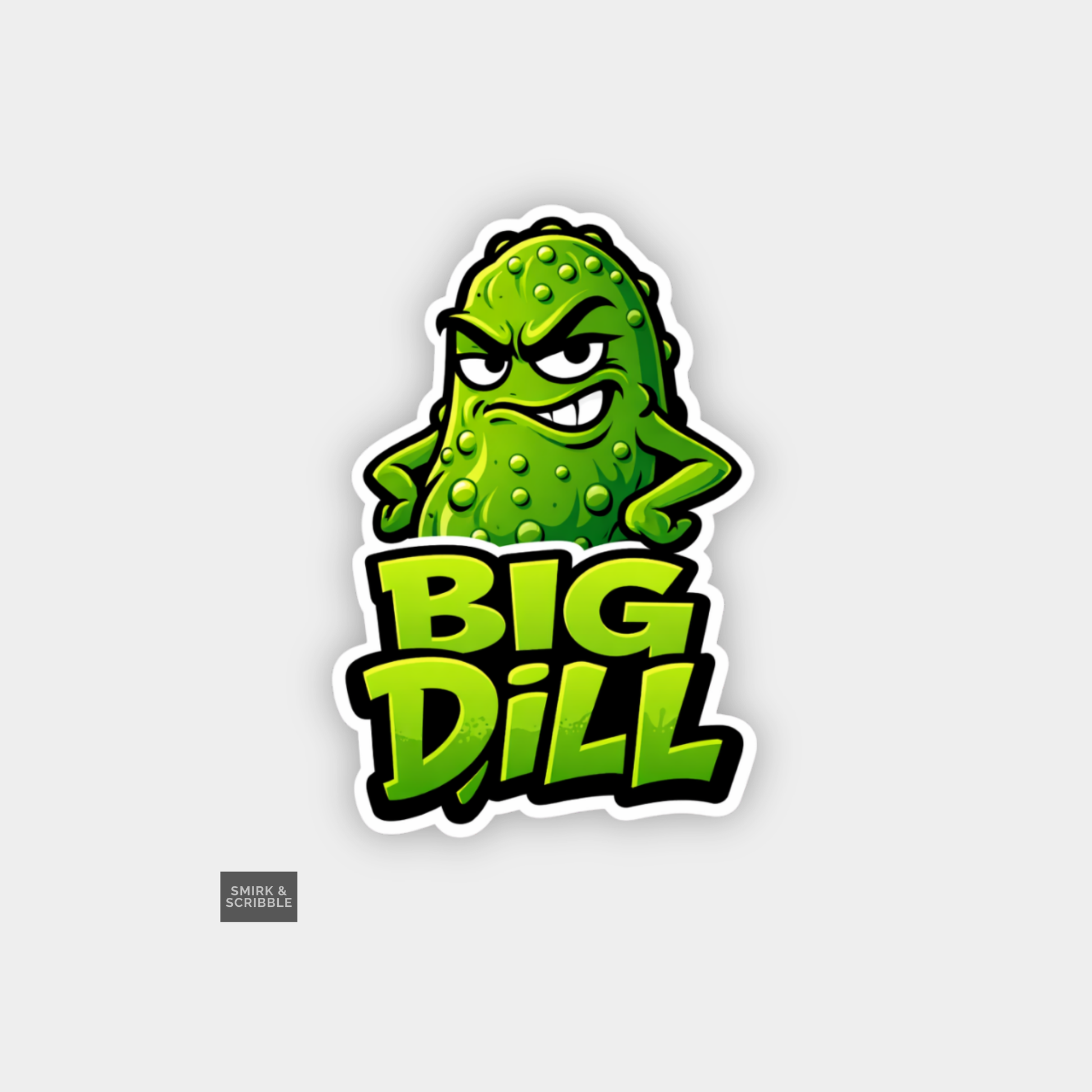 Cartoon pickle with 'BIG DILL' text on a gray background