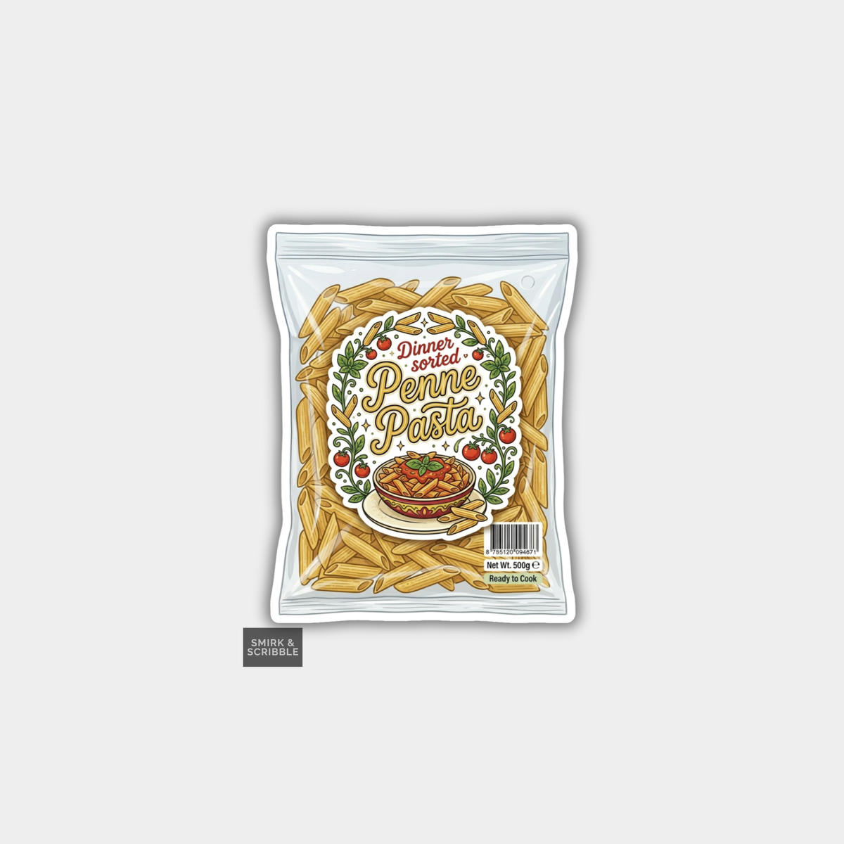 Packaged penne pasta with a decorative label on a white background