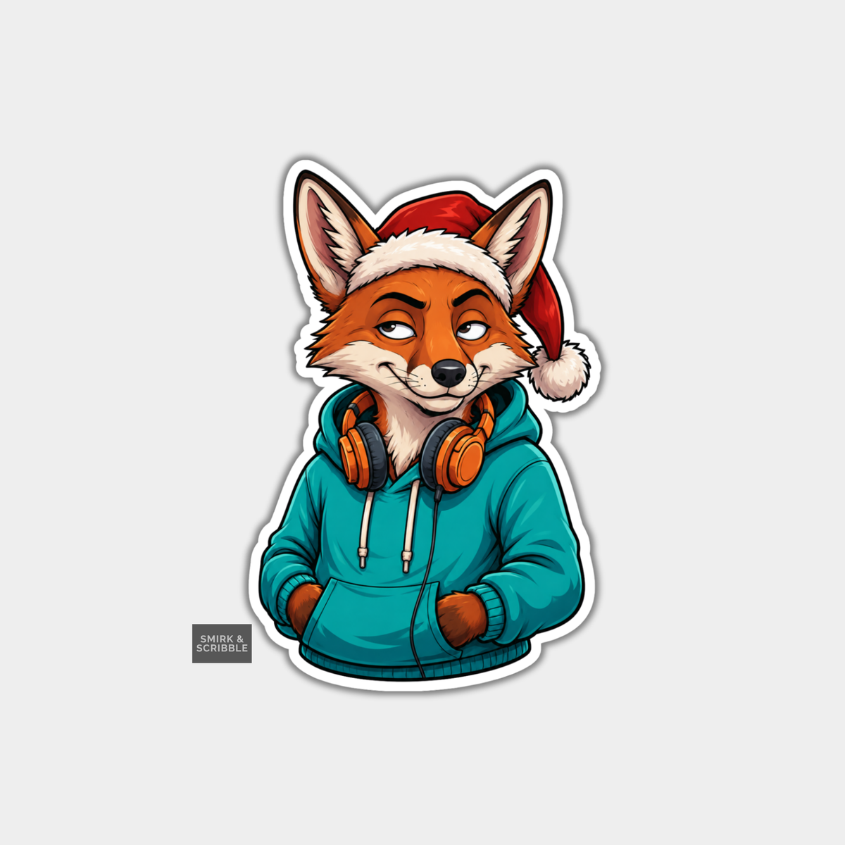 Funny Christmas Sticker - Fox In Santa Hat & Hoodie