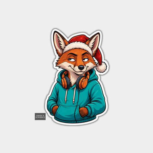 Funny Christmas Sticker - Fox In Santa Hat & Hoodie