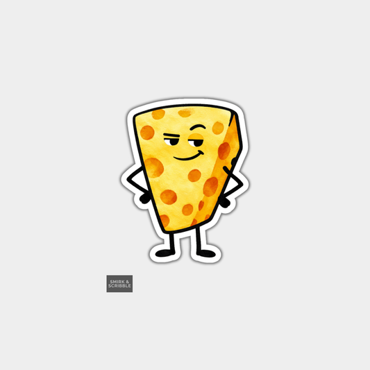 Cartoon cheese character with arms and legs on a gray background