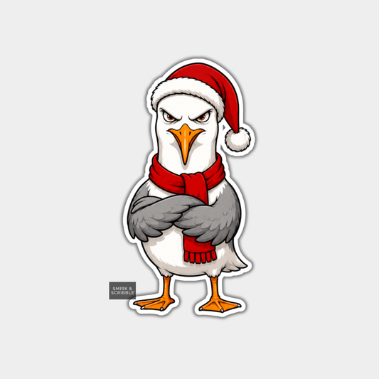 Funny Christmas Sticker - Cute Grumpy Seagull In Santa Hat