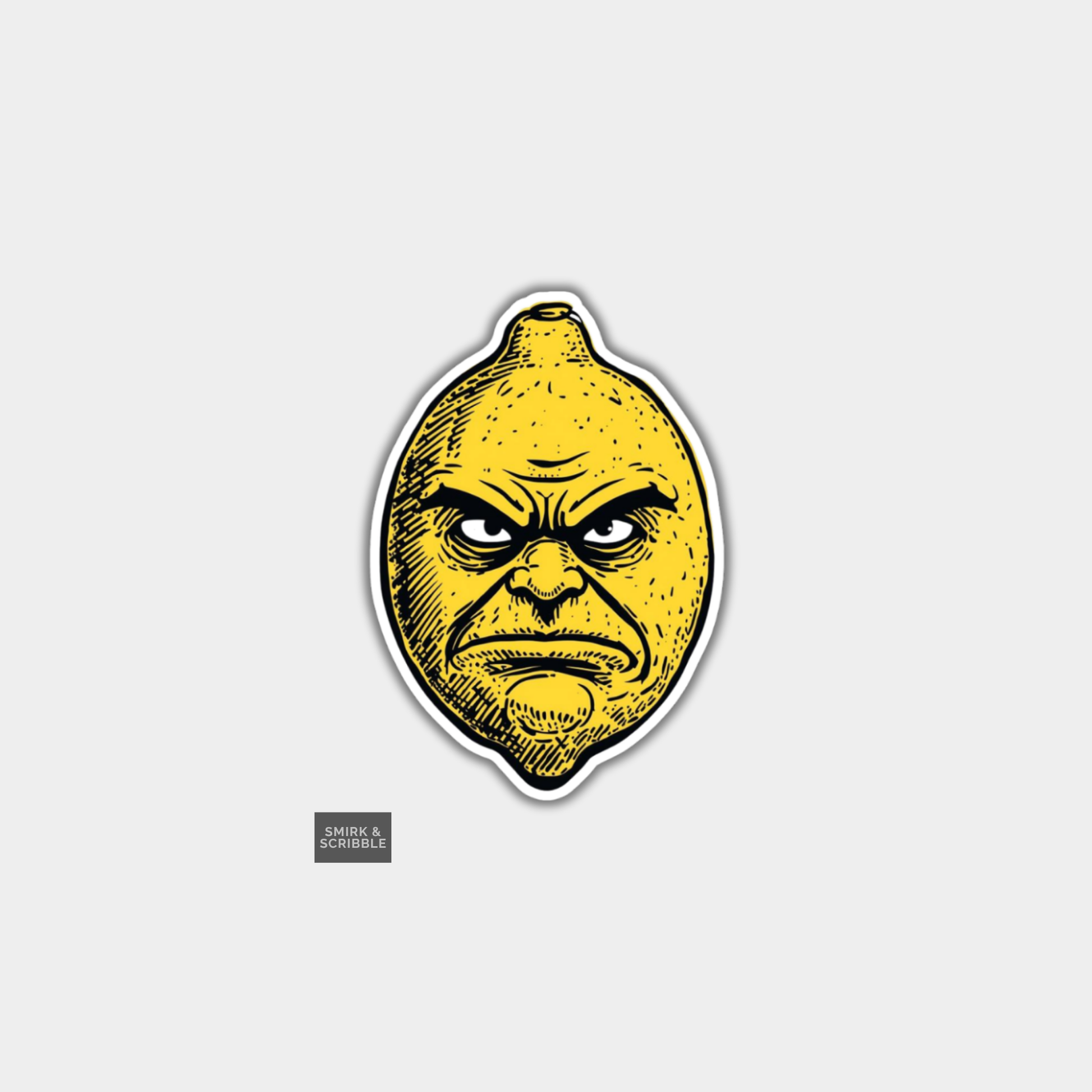 Sticker of a lemon with an angry face on a gray background