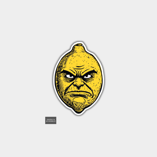 Sticker of a lemon with an angry face on a gray background