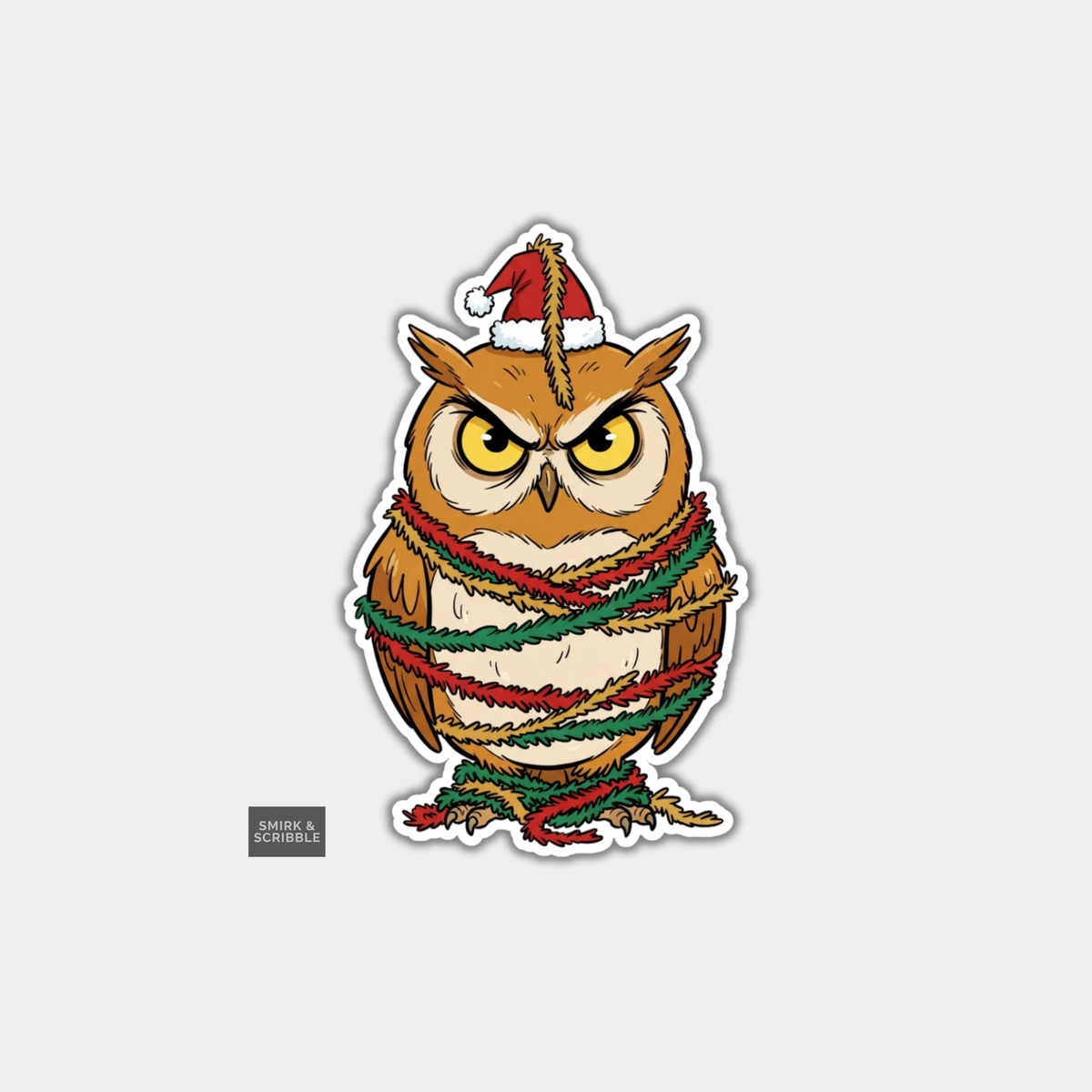 Funny Christmas Sticker - Grumpy Owl & Tinsel