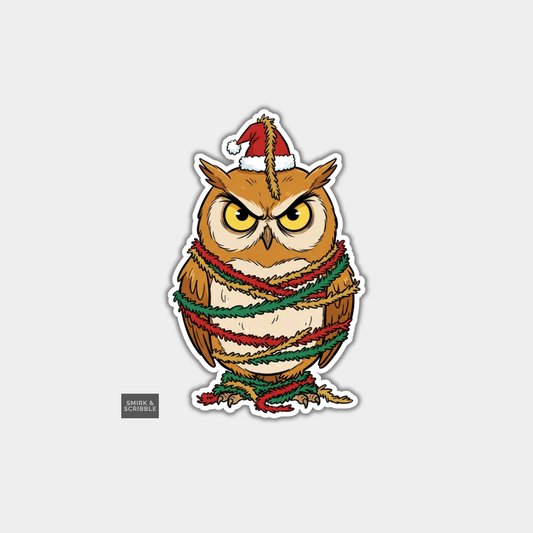 Funny Christmas Sticker - Grumpy Owl & Tinsel