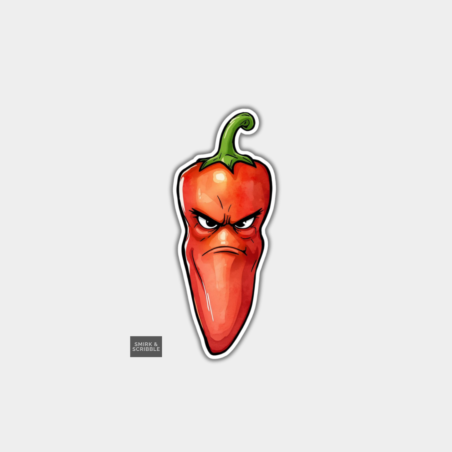 Cartoonish red chili pepper with an angry expression on a light gray background