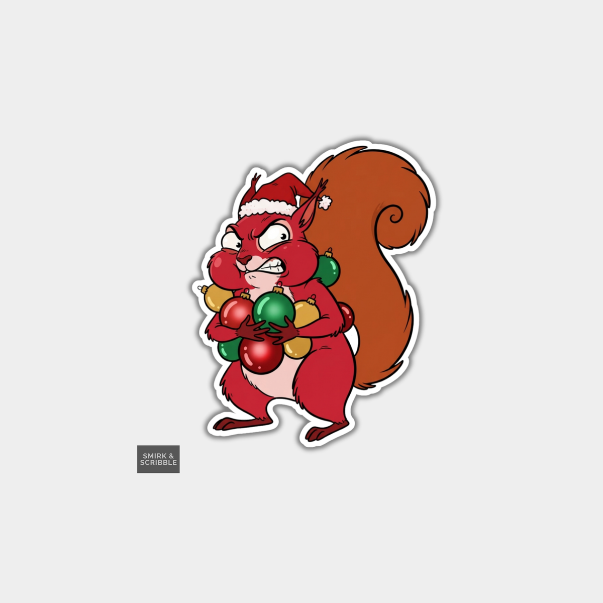 Funny Christmas Sticker - Angry Squirrel & Baubles