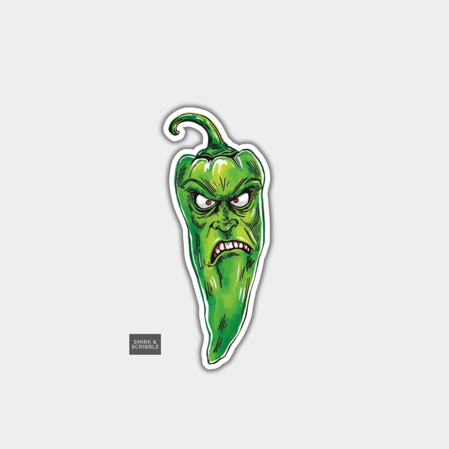Cartoonish green pepper with a face on a white background