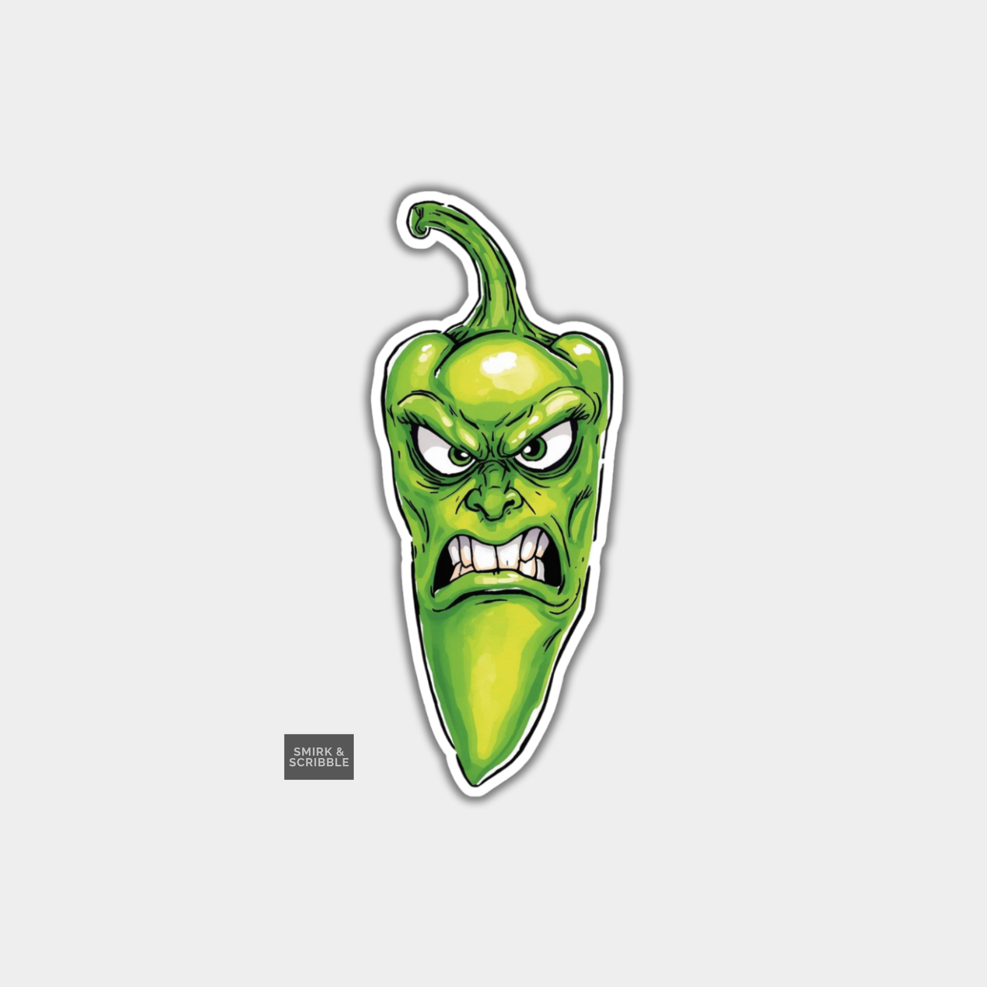 Cartoon green chili pepper with an angry expression on a white background