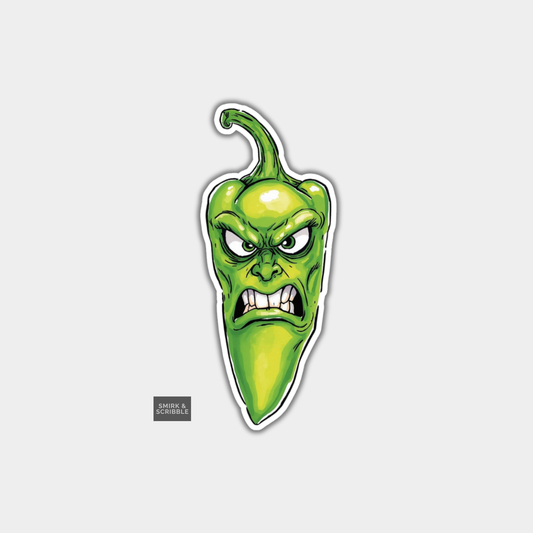 Cartoon green chili pepper with an angry expression on a white background