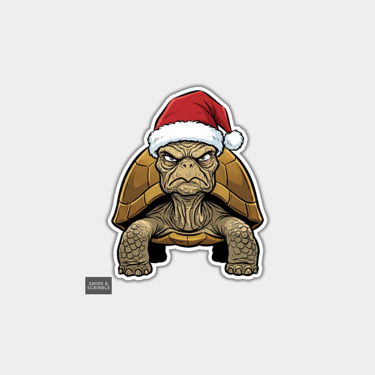 Funny Christmas Sticker - Grumpy Tortoise In Santa Hat