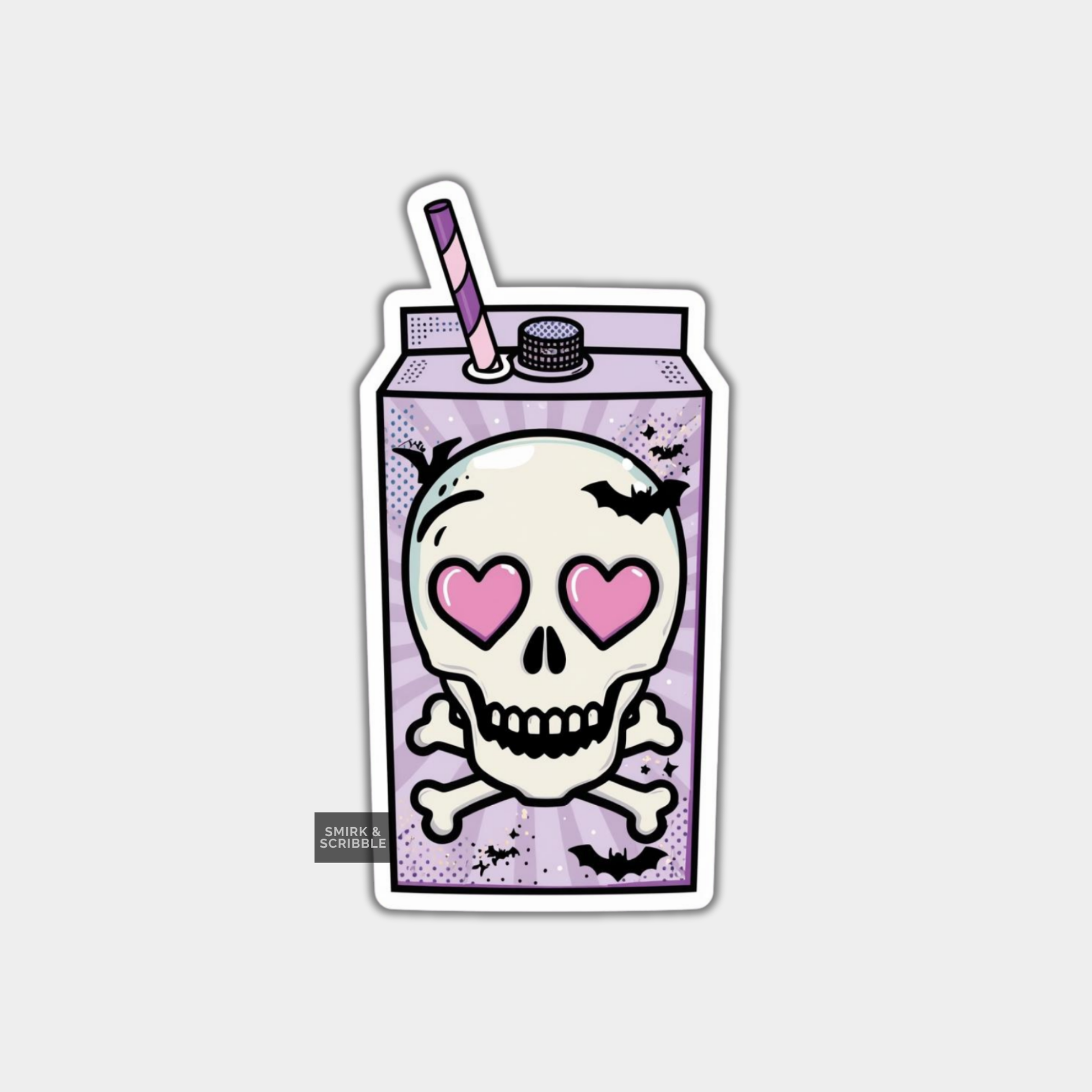 Cartoon milk carton with a skull design featuring heart eyes on a light purple background.