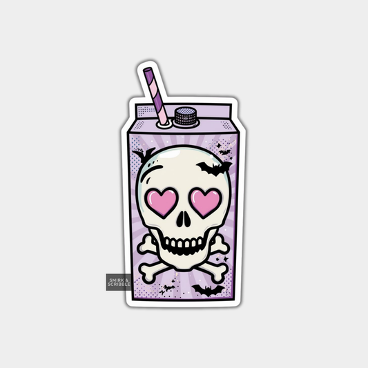 Cartoon milk carton with a skull design featuring heart eyes on a light purple background.