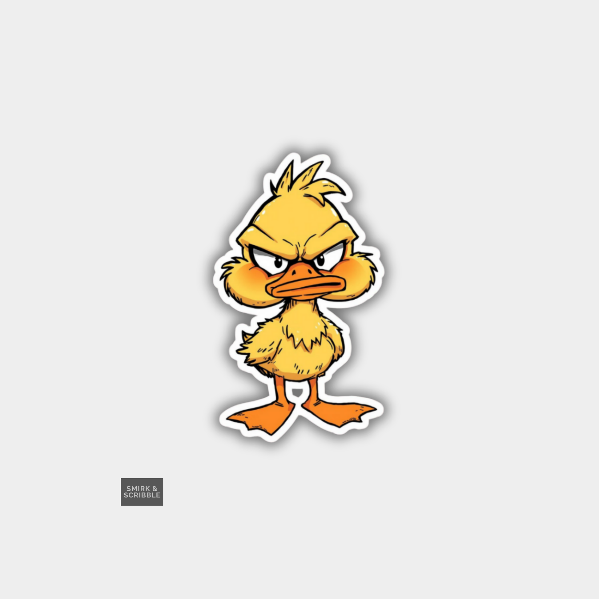 Cartoon duck character with an angry expression on a gray background