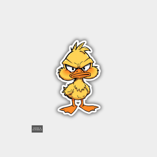 Cartoon duck character with an angry expression on a gray background
