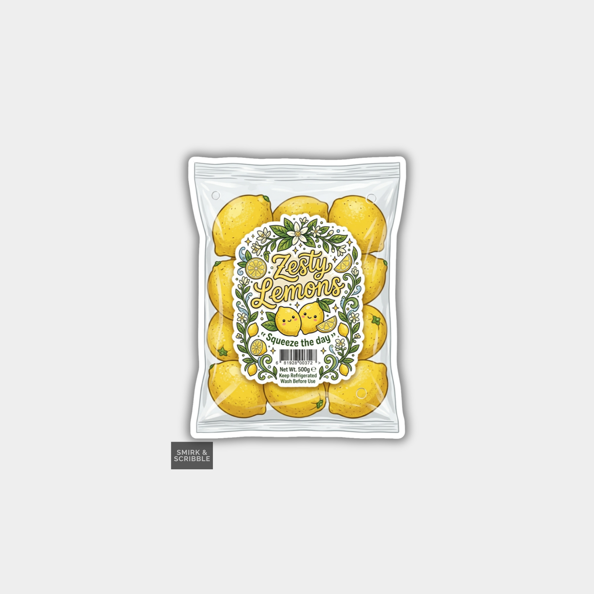 Packaged lemons with a decorative label on a white background