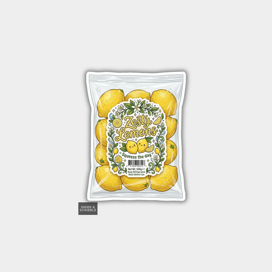 Packaged lemons with a decorative label on a white background