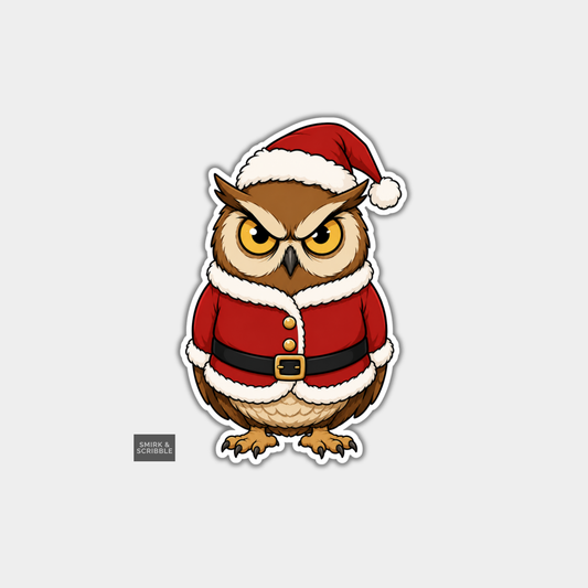 Funny Christmas Sticker - Grumpy Owl In Santa Costume